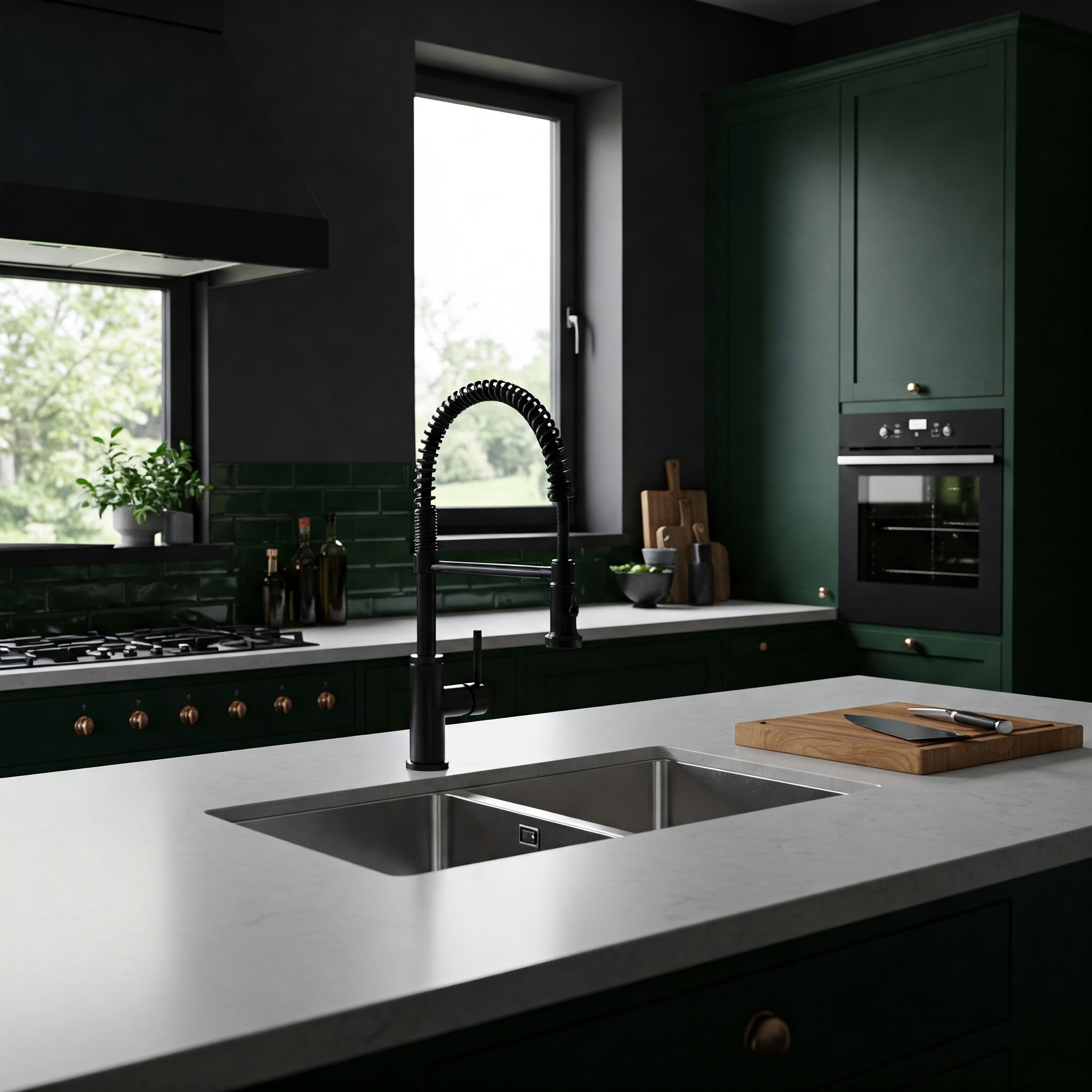 Kitchen with dark green